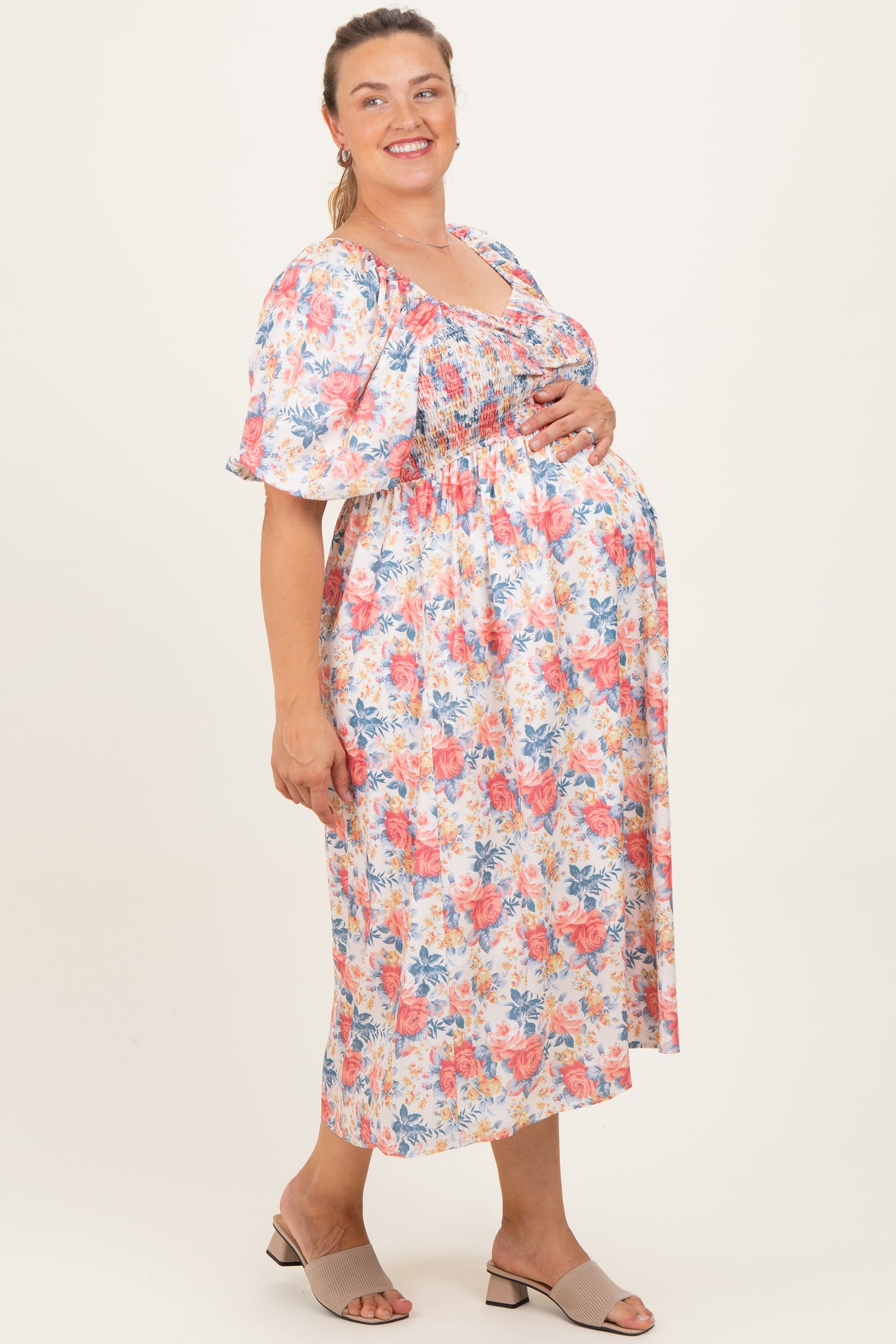 Ivory Multi Floral Print Smocked Ruched Bust Plus Maternity Midi Dress