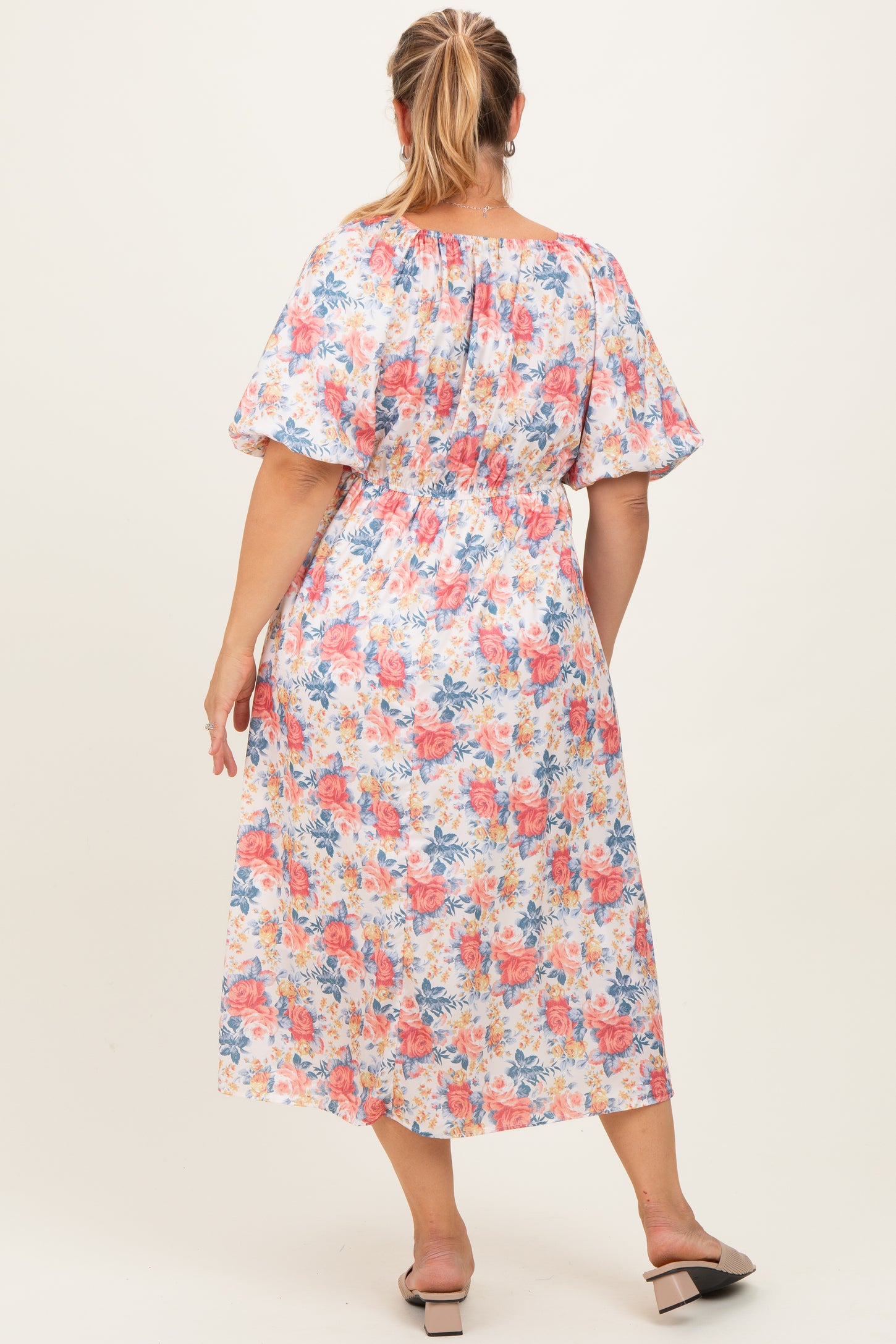 Ivory Multi Floral Print Smocked Ruched Bust Plus Maternity Midi Dress