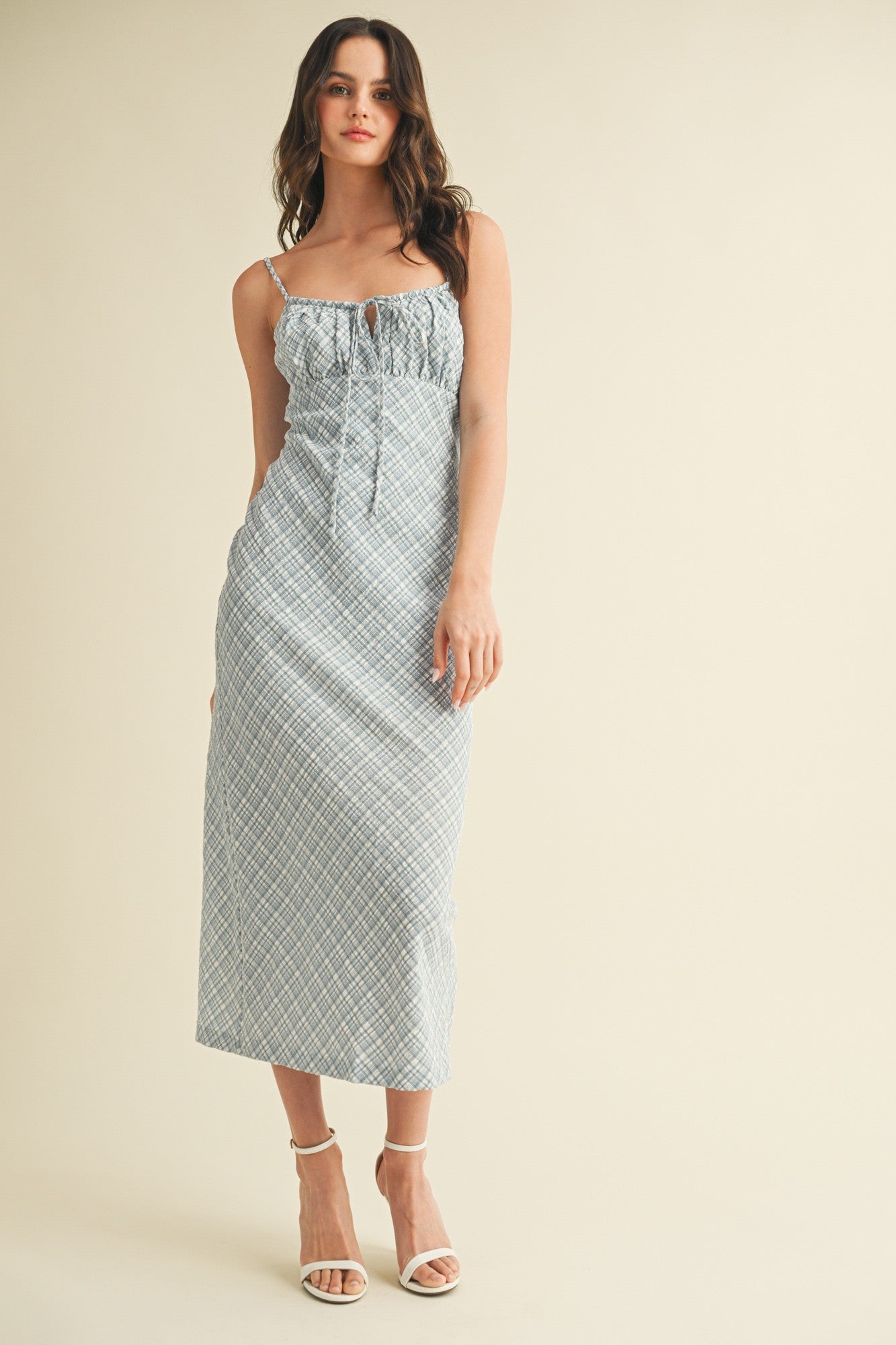 Blue Textured Plaid Drawstring Neck Maternity Midi Dress