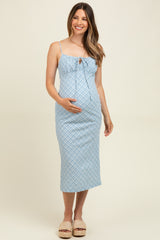 Blue Textured Plaid Drawstring Neck Maternity Midi Dress