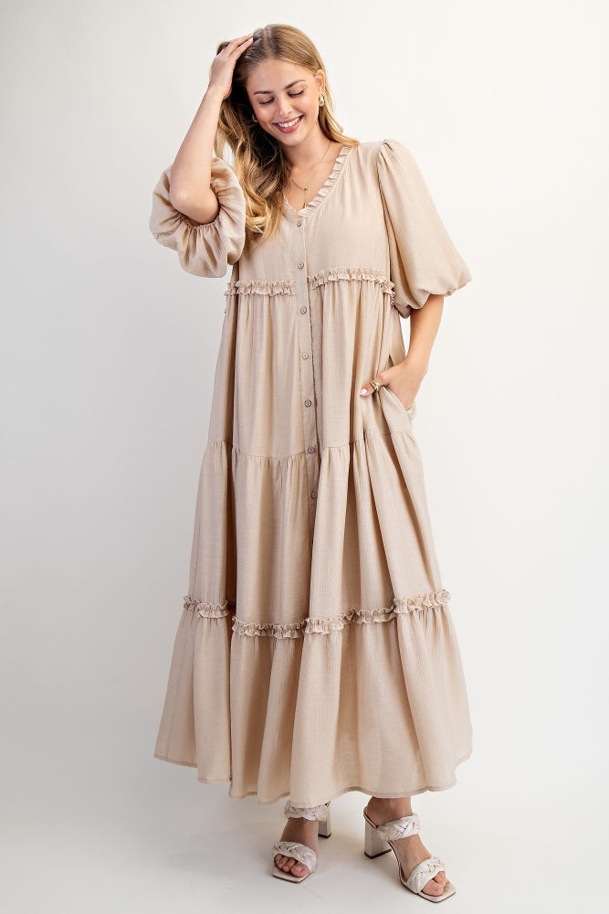 Beige Puff Short Sleeve Crepe Tiered Maxi Dress