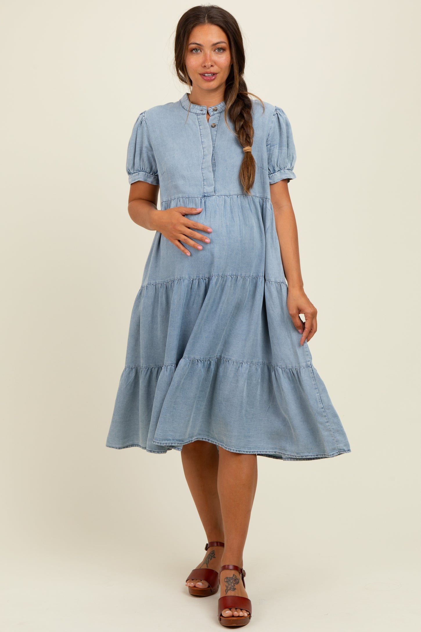Light Blue Chambray Charm Tiered Maternity Midi Dress