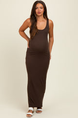 Brown Scoop Neck Sleeveless Rayon Rib Maternity Maxi Knit Dress