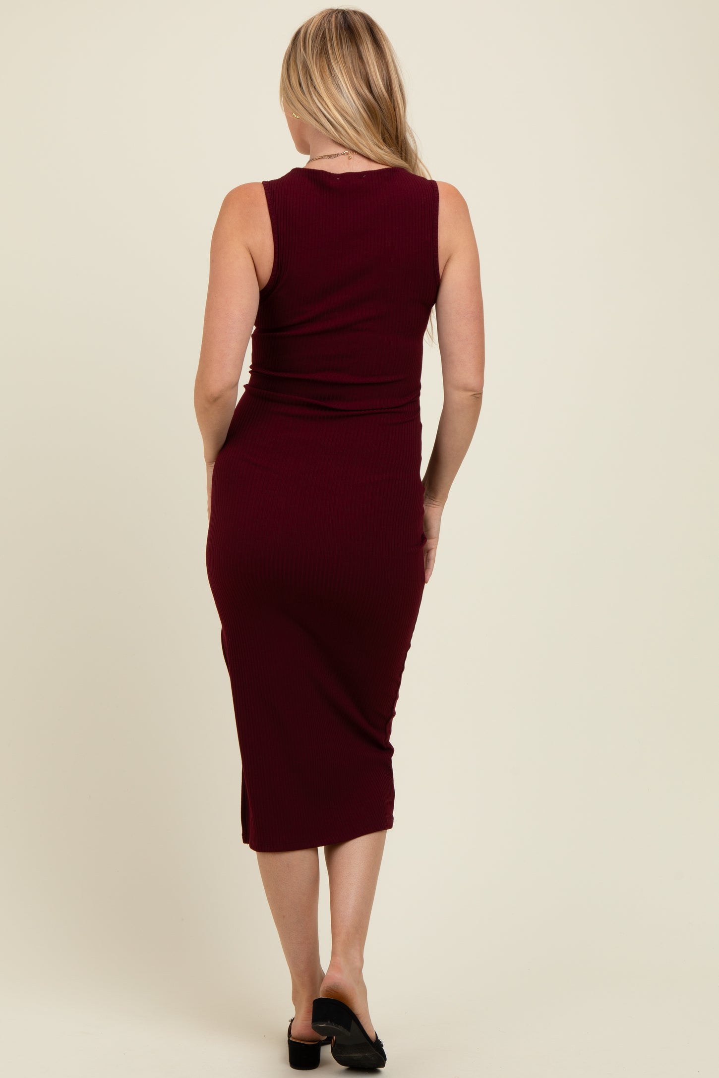 Wine Simple Mock Neck Midi Slip Maternity Dress