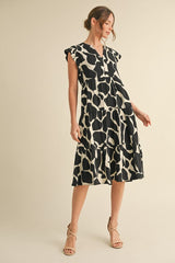 Black Print Tiered Layer Maternity Midi Dress