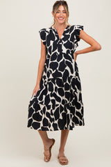 Black Print Tiered Layer Maternity Midi Dress