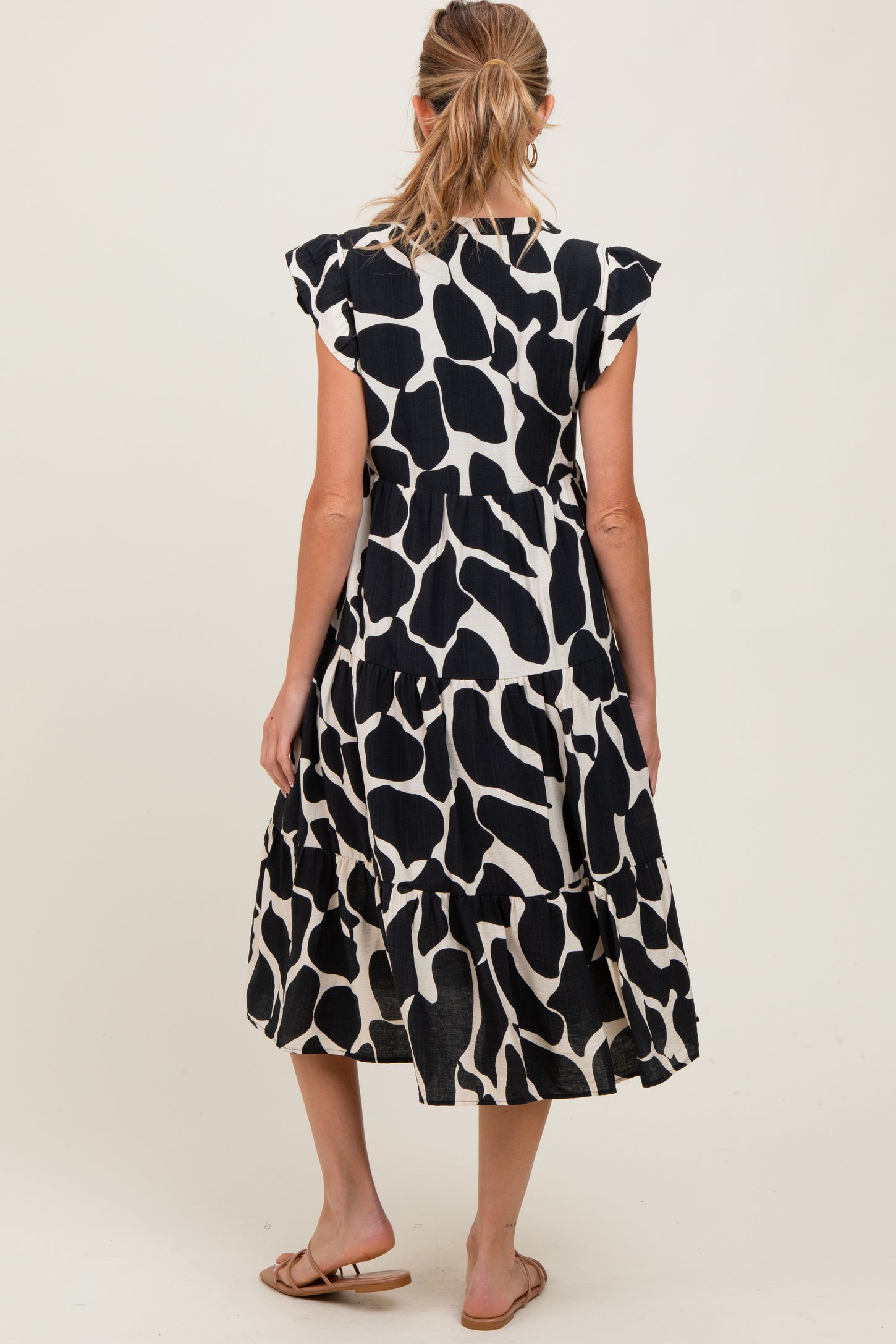 Black Print Tiered Layer Maternity Midi Dress