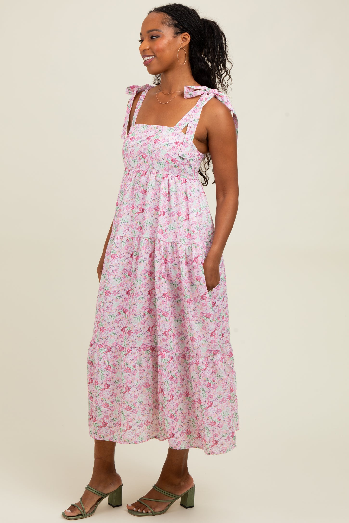 Light Pink Floral Shoulder Tie Midi Dress