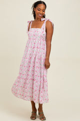 Light Pink Floral Shoulder Tie Midi Dress