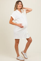 Ivory Textured Short Sleeve Button Down Maternity Shirt Dress