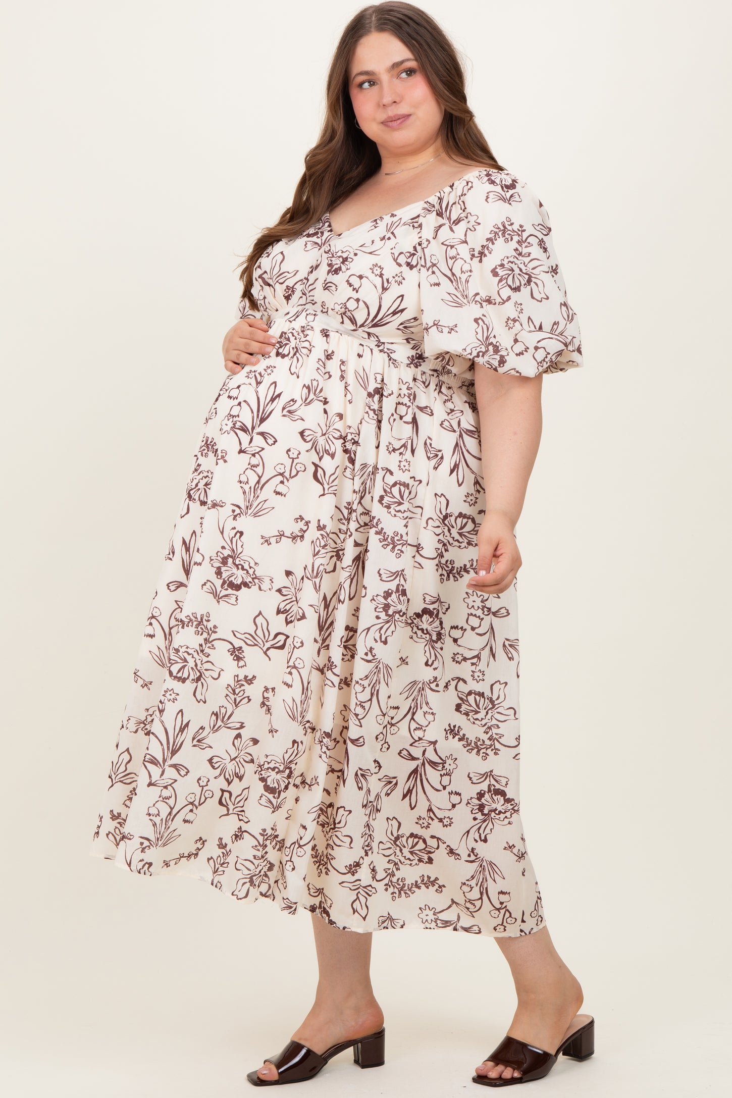 Cream/Brown Floral Print Bubble Sleeve Maternity Maxi Dress Plus Size