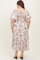 Cream/Brown Floral Print Bubble Sleeve Maternity Maxi Dress Plus Size