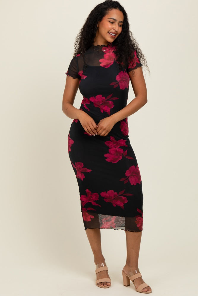 Black/Red Short Sleeve Digital Print Mesh Maternity Midi Dress