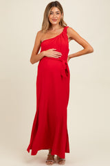 Red Asymmetrical Maternity Maxi Dress