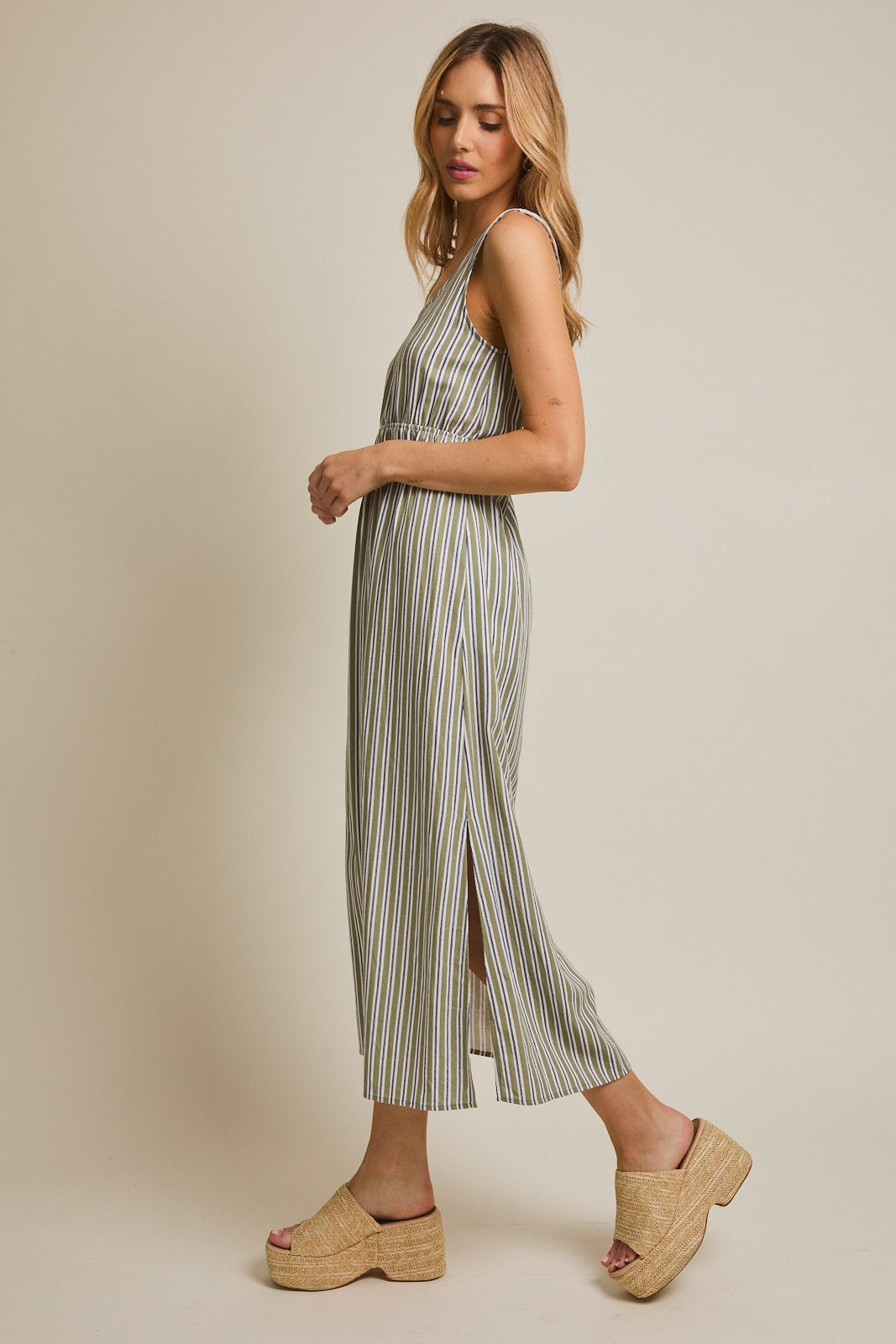 Olive-White Stripe Side Slit Maxi Dress