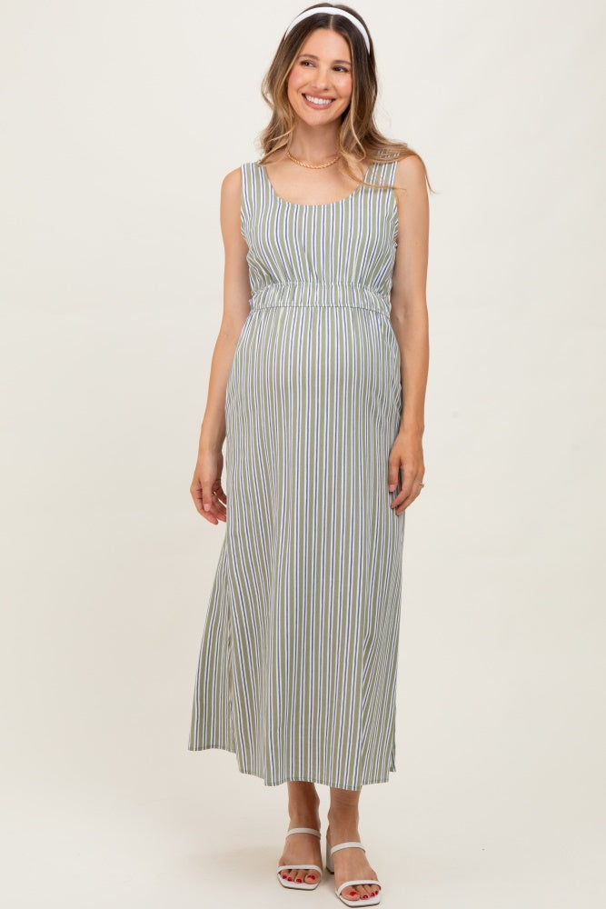 Olive-White Stripe Side Slit Maternity Maxi Dress