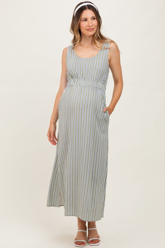Olive-White Stripe Side Slit Maternity Maxi Dress
