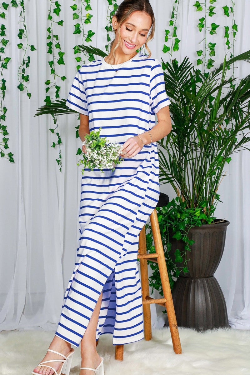 Blue Striped Side Slit Maternity Maxi Dress