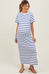 Blue Striped Side Slit Maternity Maxi Dress