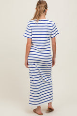 Blue Striped Side Slit Maternity Maxi Dress
