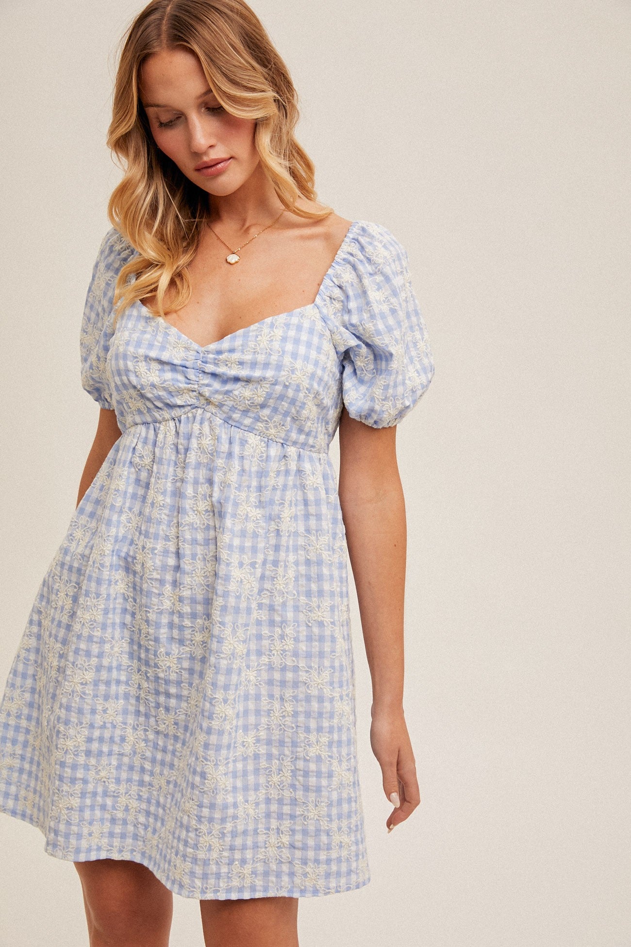 Light Blue Embroidered Gingham Sweetheart Neck Maternity Mini Dress