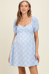 Light Blue Embroidered Gingham Sweetheart Neck Maternity Mini Dress