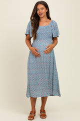 Blue/Pink Printed Maternity Dress With Pockets