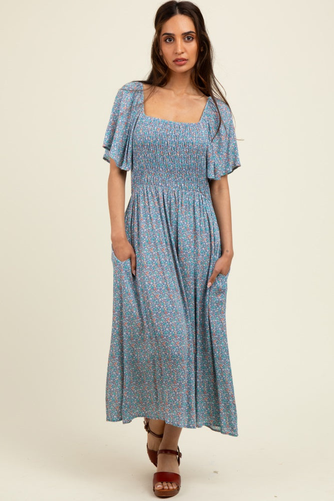 Blue/Pink Printed Maternity Dress With Pockets