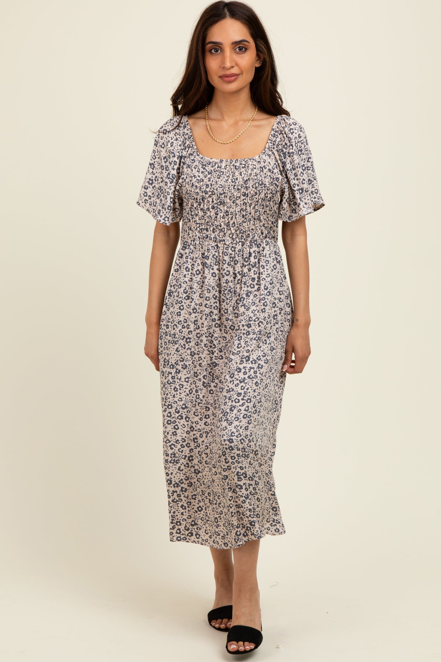 Taupe/Black Printed Dress With Pockets