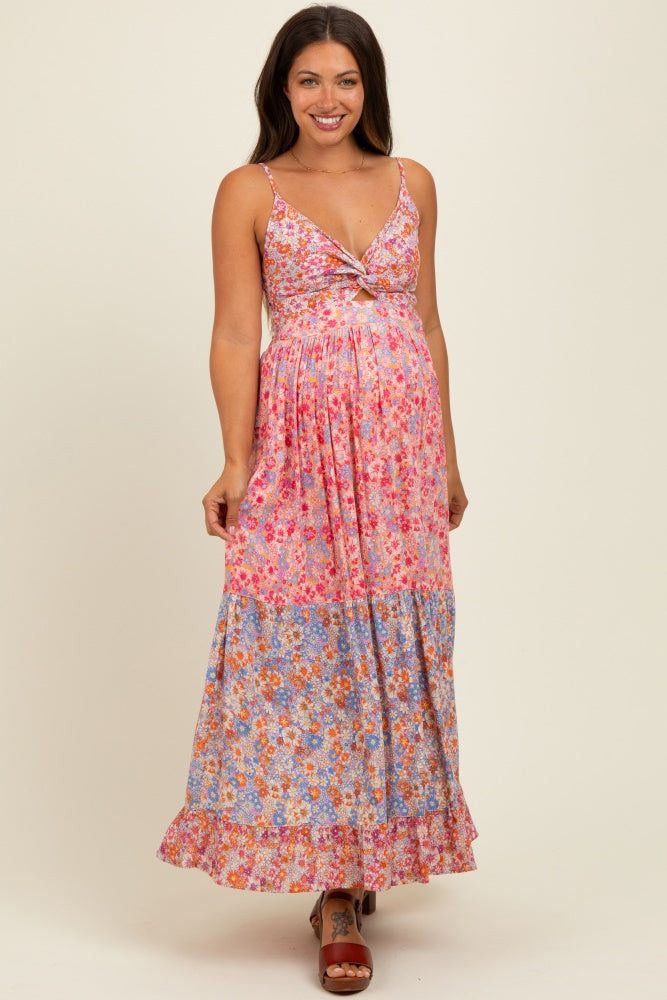 Pink Floral Twist Front Cut Out Tiered Maternity Maxi Dress
