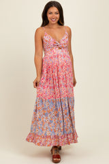 Pink Floral Twist Front Cut Out Tiered Maternity Maxi Dress