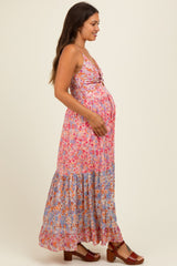 Pink Floral Twist Front Cut Out Tiered Maternity Maxi Dress