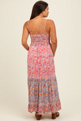 Pink Floral Twist Front Cut Out Tiered Maternity Maxi Dress