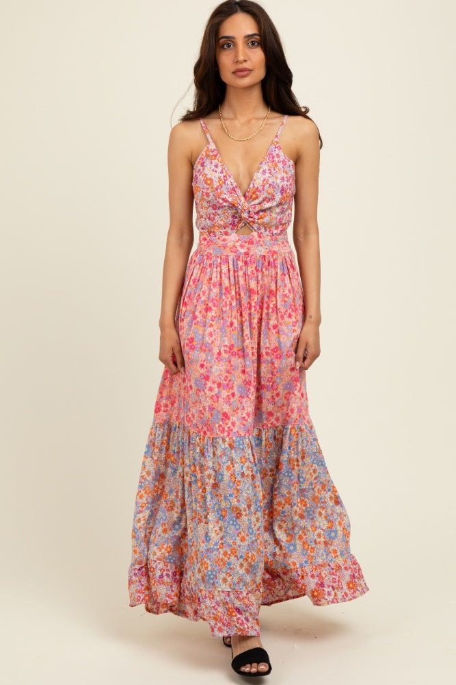Pink Floral Twist Front Cut Out Tiered Maternity Maxi Dress