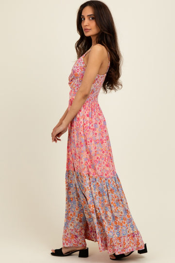 Pink Floral Twist Front Cut Out Tiered Maxi Dress