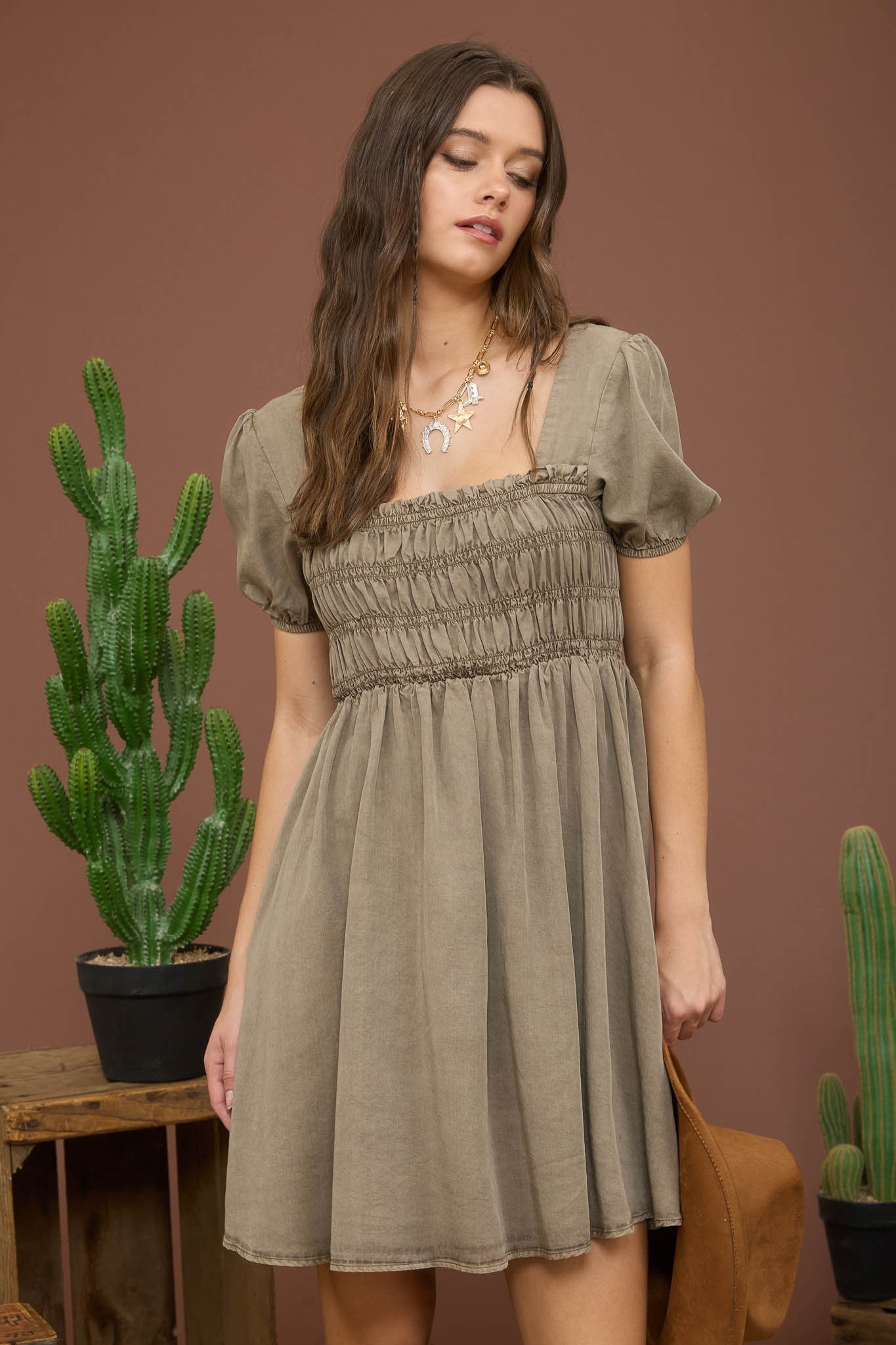 Olive Smocked Puff Sleeve Mini Dress