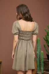 Olive Smocked Puff Sleeve Mini Dress