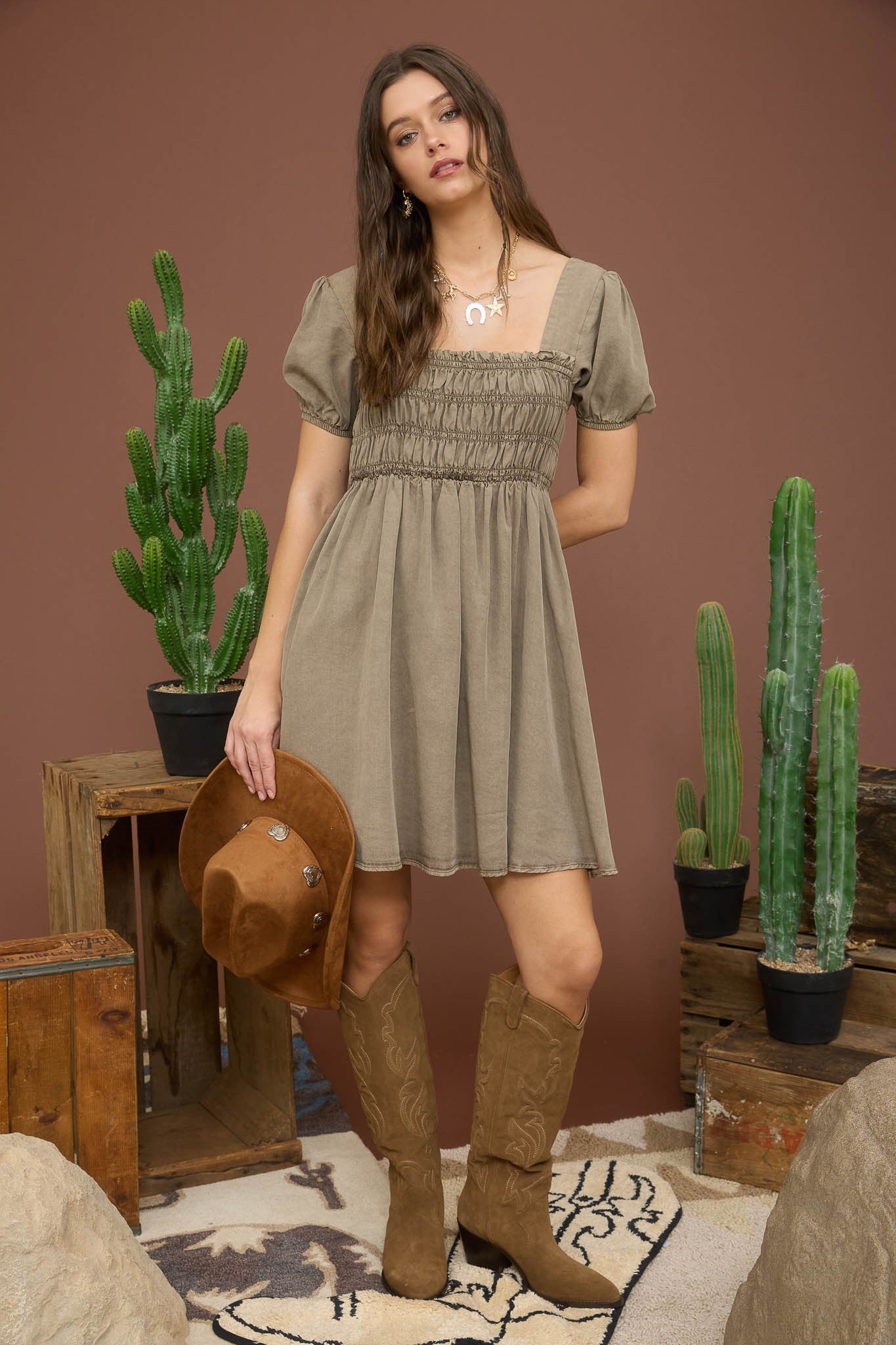 Olive Smocked Puff Sleeve Mini Dress