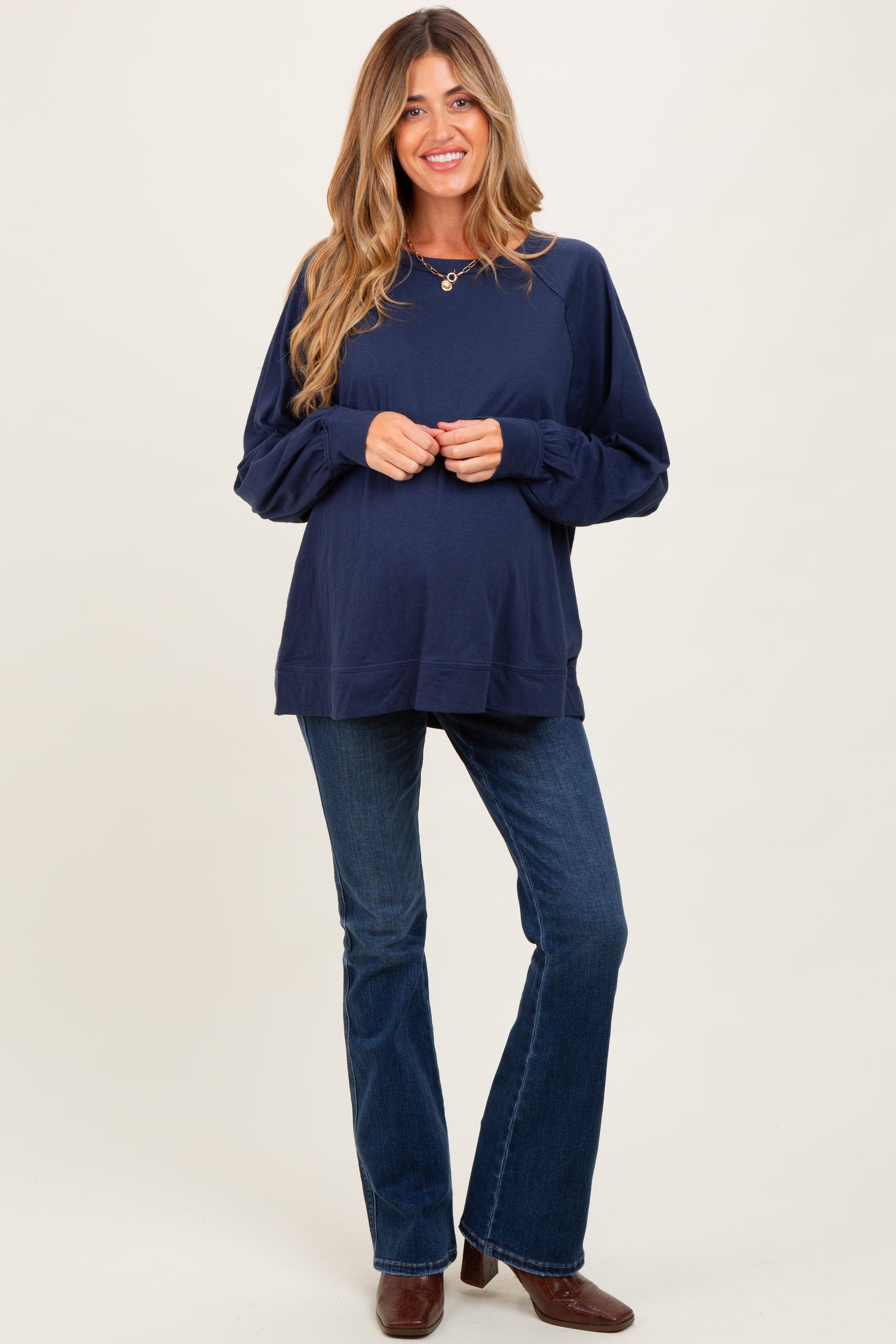 Navy Oversized Cotton Slub Long Sleeve Maternity Top