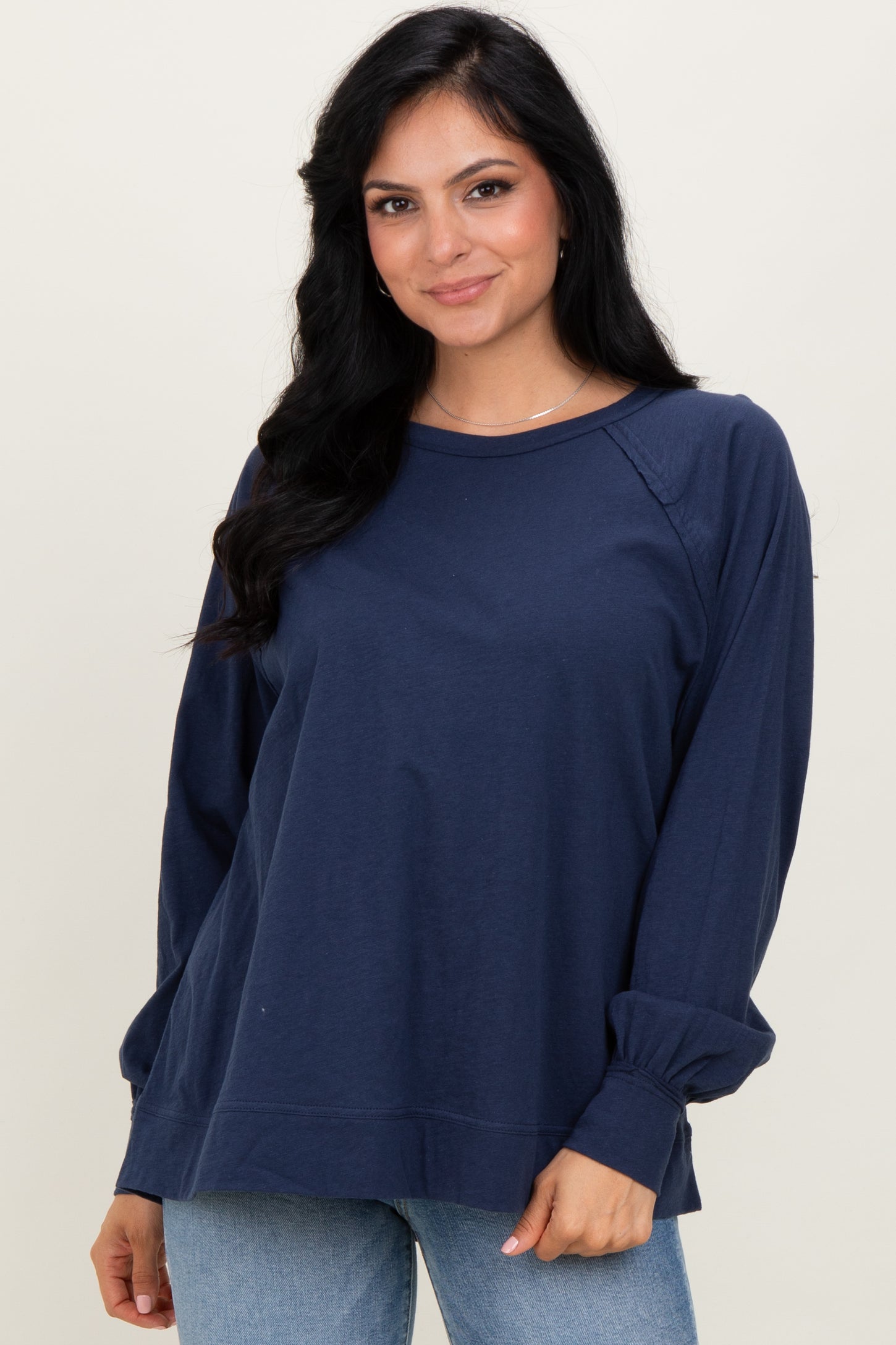 Navy Oversized Cotton Slub Long Sleeve Top