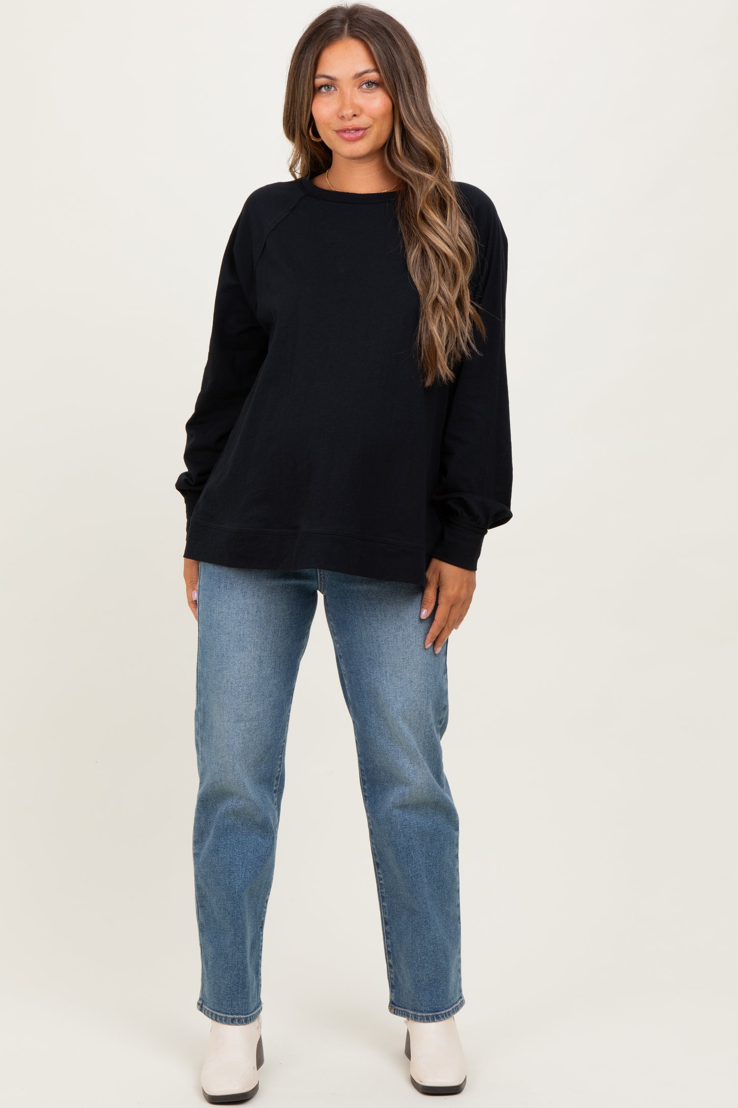 Black Oversized Cotton Slub Long Sleeve Maternity Top