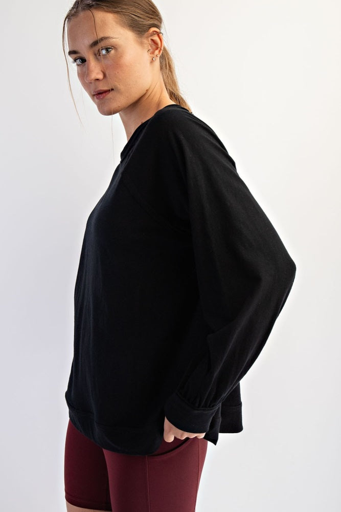 Black Oversized Cotton Slub Long Sleeve Top