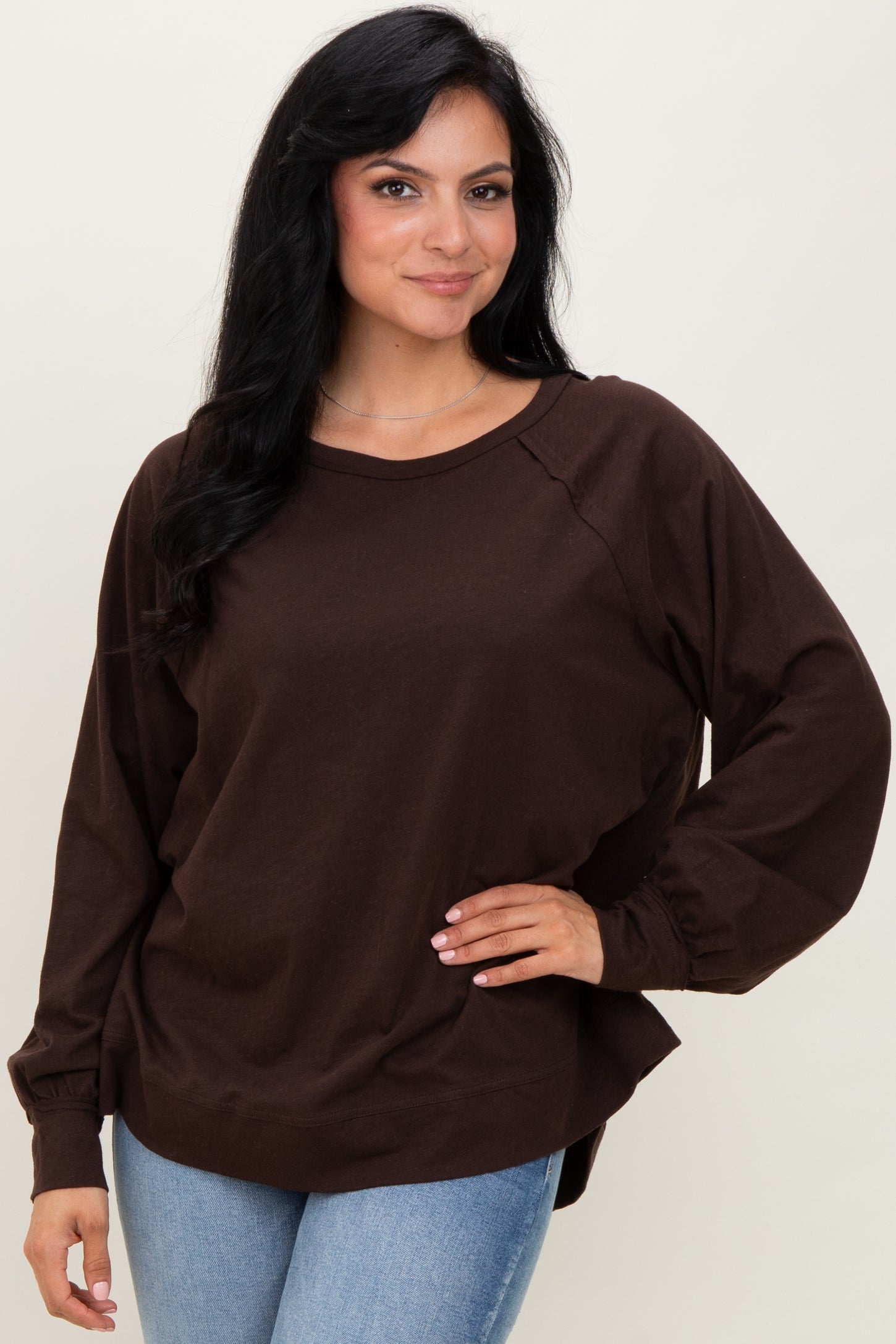 Brown Oversized Cotton Slub Long Sleeve Top