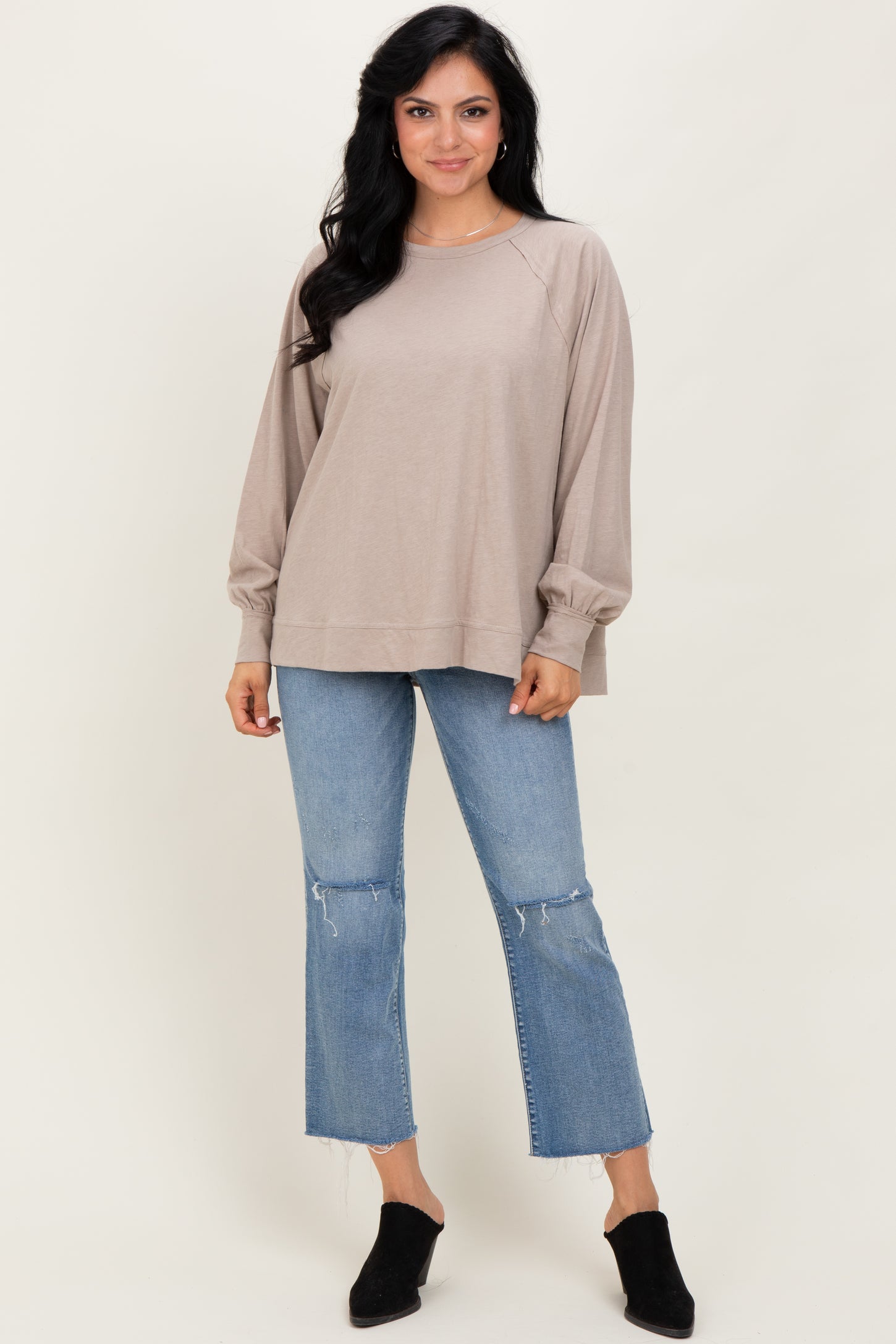 Taupe Oversized Cotton Slub Long Sleeve Top