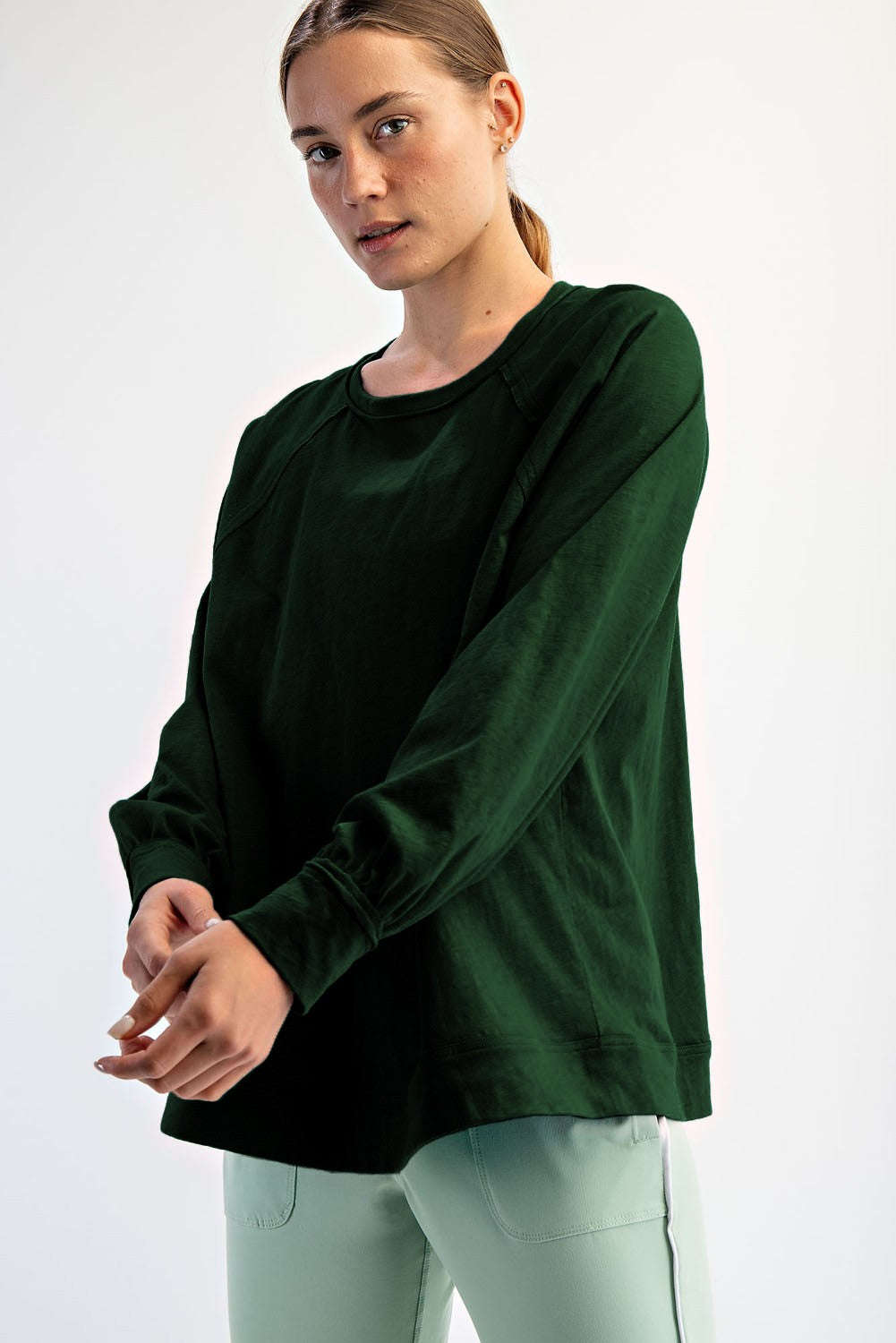 Forest Green Oversized Cotton Slub Long Sleeve Top