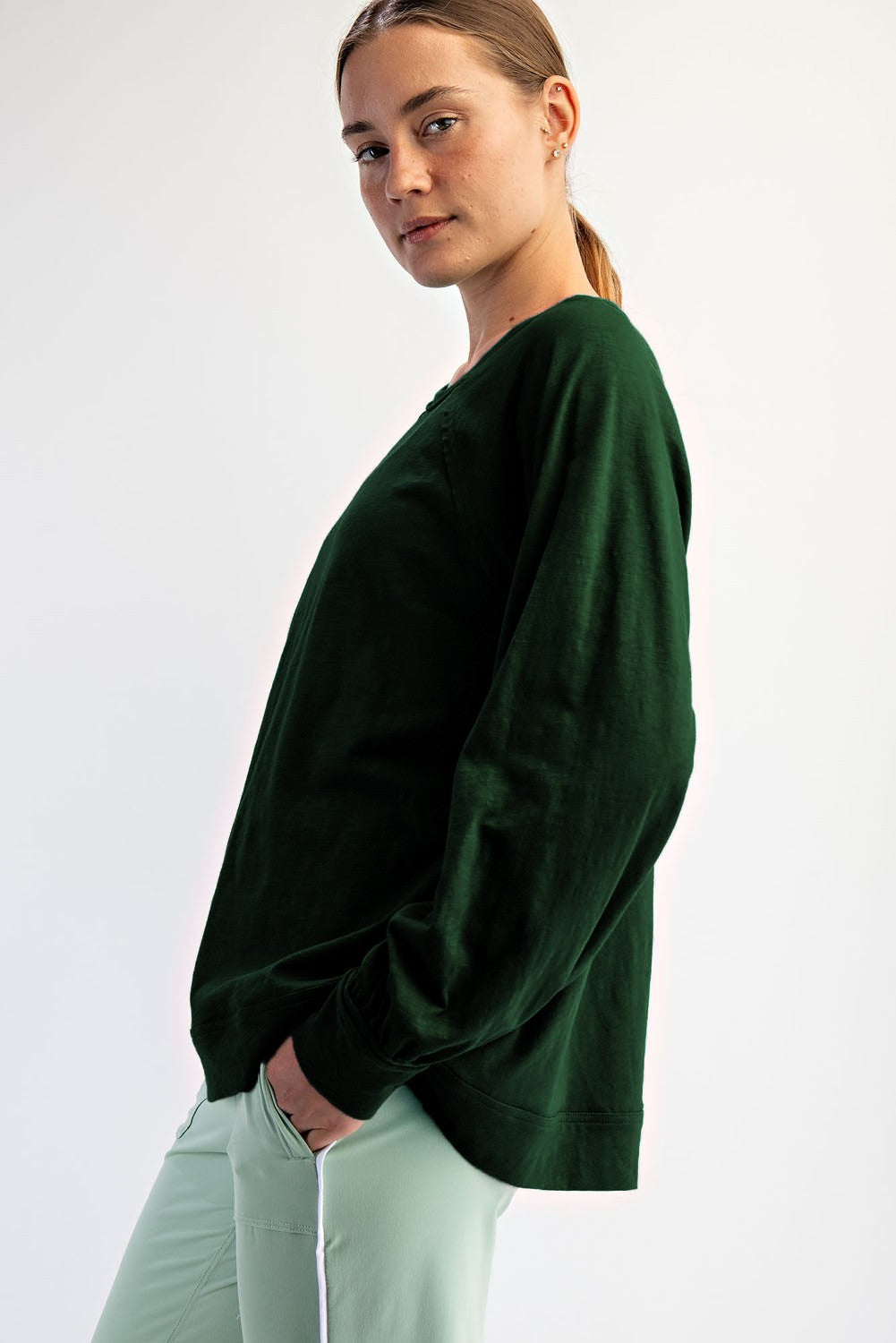 Forest Green Oversized Cotton Slub Long Sleeve Top
