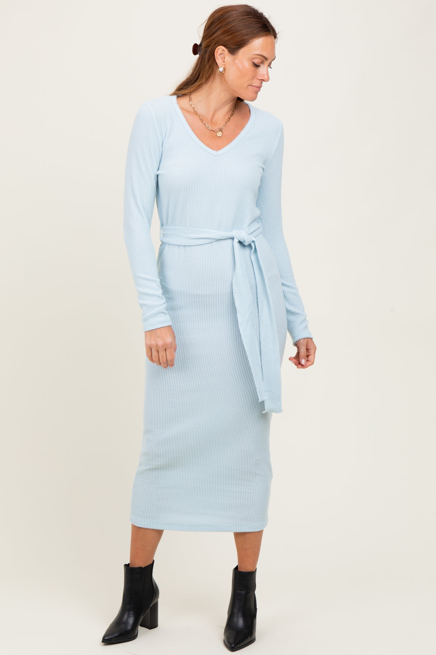 Light Blue Solid Brushed Rib Long Sleeve V-Neck Fitted Midi Dress
