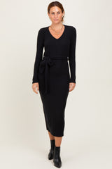 Black Solid Brushed Rib Long Sleeve V-Neck Fitted Maternity Midi Dress