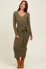 Light Olive Solid Brushed Rib Ling Sleeve V-Neck Fitted Midi Dress