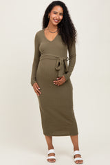 Light Olive Solid Brushed Rib Long Sleeve V-Neck Fitted Maternity Midi Dress